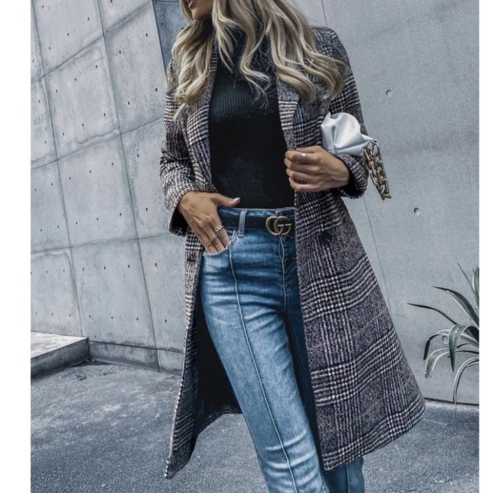 plaid Print Double Breasted Pea Overcoat jacket fall/winter - Picture 9 of 15